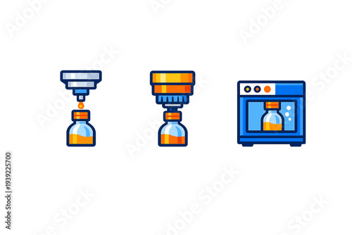 Three stylized icons illustrate the process of filling, capping, and testing a medical vial with orange liquid. The flat design uses blue and orange colors on a black background.