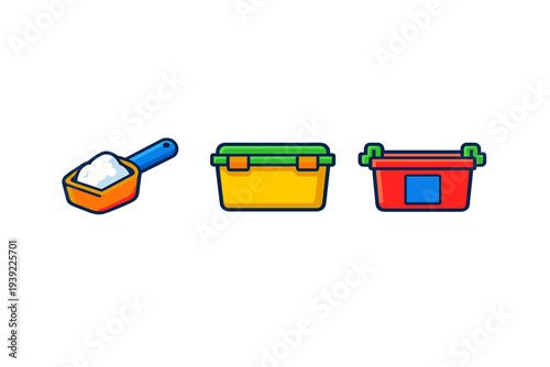 Three colorful cartoon icons representing laundry and storage items, including a scoop of detergent, a yellow plastic bin, and a red container, isolated on a black background.