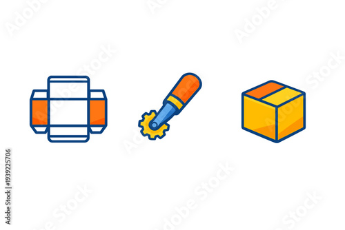 A set of three vector icons illustrating the packaging process from a flat template and a cutting tool to a finished folded cardboard box on a black background.