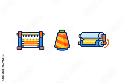 A set of three colorful icons representing textile manufacturing processes, including a weaving loom, a spool of thread, and a fabric rolling machine on a black background.