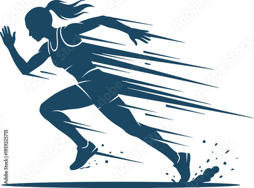 Flat navy blue vector silhouette of a female sprinter with a ponytail in a dynamic running pose, featuring high-speed motion trails. Perfect for track and field sports branding.