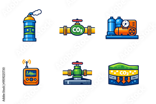 A set of six colorful vector icons illustrating the process of carbon capture and storage, including industrial emission, pipeline transport, compression, and underground sequestration.