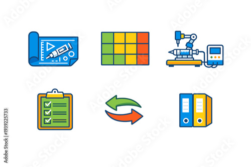 A collection of six colorful flat icons representing industrial processes, including a blueprint, a risk matrix, a robotic arm, a checklist, cycle arrows, and office binders.