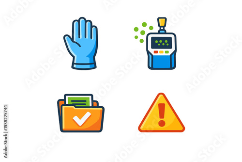 A set of four flat icons including a blue protective glove, a handheld gas detector, an orange file folder with a checkmark, and a yellow warning triangle with an exclamation mark.