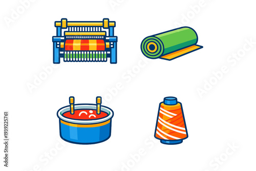A set of four colorful icons representing the textile industry, featuring a weaving loom, a roll of green fabric, a vat for dyeing cloth, and a spool of orange striped thread.