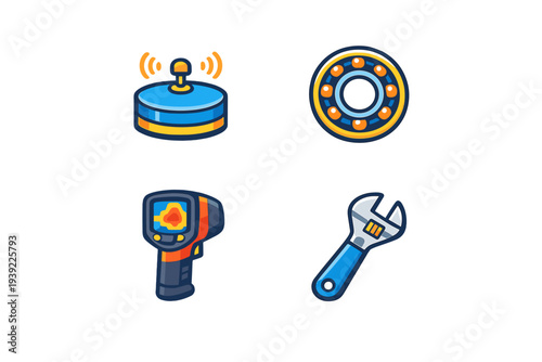 A set of four industrial icons featuring a wireless sensor, a ball bearing, a thermal imaging camera, and an adjustable wrench, all presented in a flat vector style on a black background.
