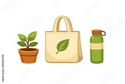 An illustration featuring a small green plant in a terracotta pot, a beige reusable tote bag with a leaf design, and a green water bottle, representing an eco-friendly lifestyle.