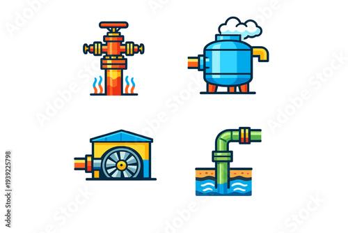 This set of four flat vector icons illustrates geothermal energy processes, featuring a wellhead, a steam boiler, a turbine generator, and an underground extraction pipe system.