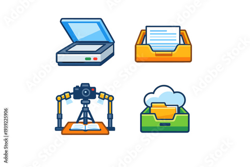 A set of four colorful flat icons representing document digitization processes including a flatbed scanner, an inbox tray, a book scanning setup, and cloud storage synchronization.