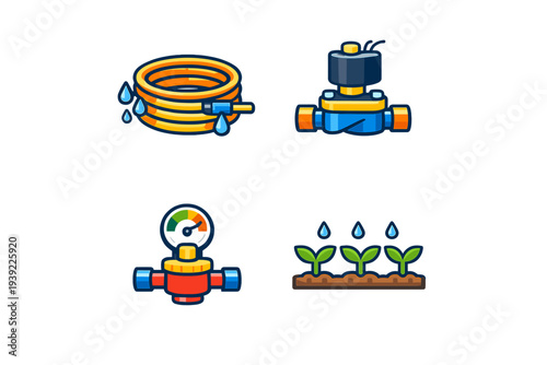 A set of four colorful vector icons representing garden irrigation systems, including a coiled hose, a solenoid valve, a pressure gauge, and young plants being watered in soil.
