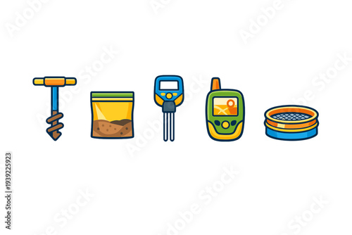 A set of five colorful cartoon icons representing soil sampling equipment, including an auger, a sample bag, a digital meter, a GPS device, and a sieve on a black background.
