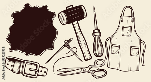 Leatherworking tools and materials including a belt, scissors, hammer, awl, needle, thread, and leather hide for crafting handmade goods