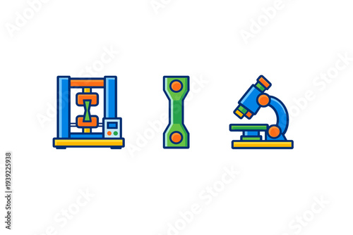 A set of three vector icons depicting material testing equipment: a universal testing machine, a tensile specimen, and a microscope, all in a colorful flat style on a black background.