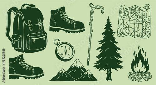 Vintage Hiking Gear Collection Backpack Boots Compass Map Tree Mountains Campfire Adventure Symbols