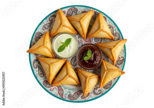 A plate of samosas with dipping sauces isolated on transparent background