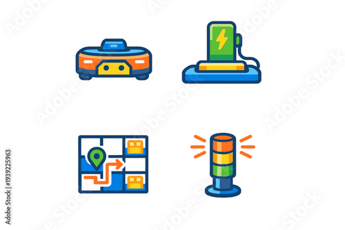 This set of four flat icons illustrates warehouse automation technology, featuring an autonomous mobile robot, a battery charging station, a navigation map, and a signal light.