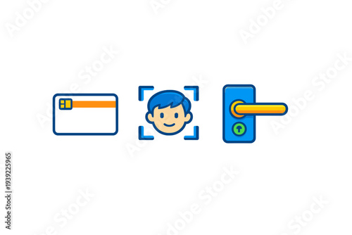 Three blue icons representing security and access control, including a smart card, facial recognition of a boy, and a door handle with a keyhole, set against a black background.