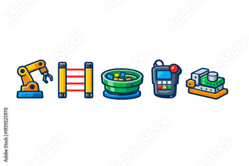 A set of five colorful industrial automation icons featuring a robotic arm, safety ladder, parts feeder, control pendant, and machine assembly isolated on a black background.