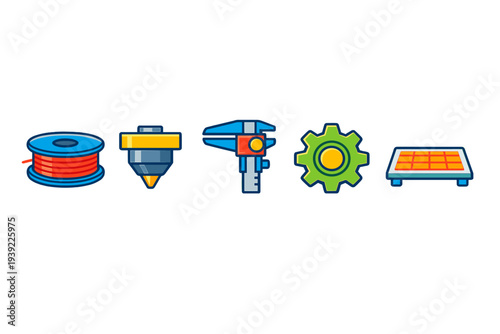 Five stylized flat icons depicting 3D printing tools and parts such as a spool of filament, an extruder nozzle, a caliper, a gear, and a print bed isolated on a black background.