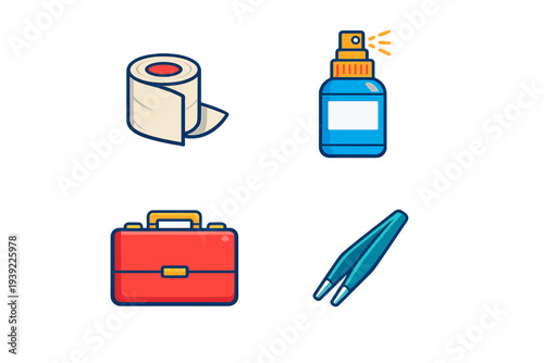 A set of medical icons featuring a roll of gauze, a blue spray bottle, a red first aid kit, and a pair of tweezers, all designed in a clean flat vector style on a black background.
