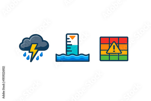 Three colorful icons representing a thunderstorm with rain, a water level gauge for flood monitoring, and a risk assessment grid with a yellow warning triangle on a black background.