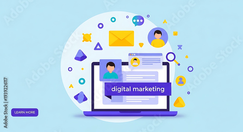 Digital marketing concept illustration on laptop screen with icons and graphics floating around it in a modern workspace environment from a front viewpoint