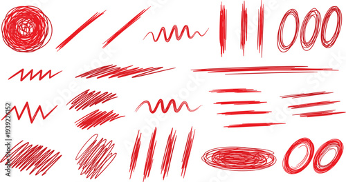 Set of hand-drawn red scribble lines and shapes for emphasis and artistic design elements