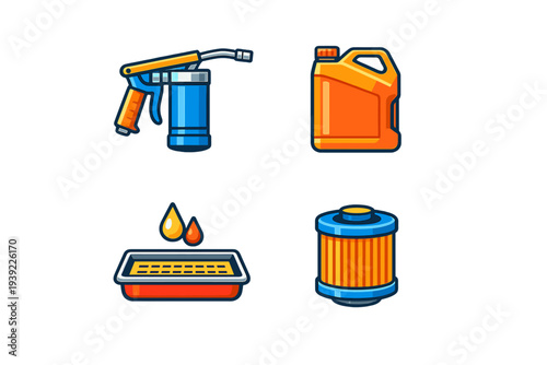 A set of four flat vector icons representing automotive maintenance tools including an oil canister, a grease gun, an oil filter, and a drain pan with liquid drops on a black background.