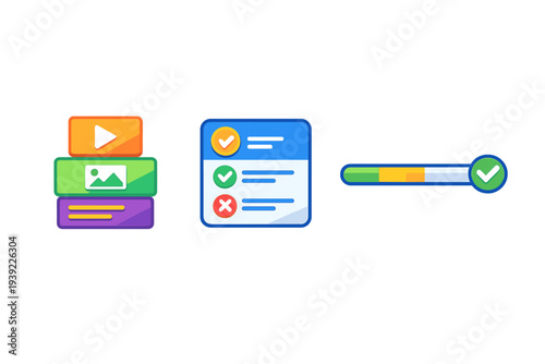 Three colorful 3D icons on a black background representing multimedia content, a checklist with status marks, and a progress bar with a completion checkmark.