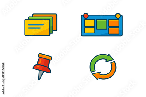 A set of four colorful office and productivity icons including a stack of cards, a task board with sticky notes, a red pushpin, and a circular refresh or cycle symbol.