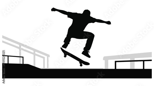 Minimalist Black Silhouette Skateboarder Jumping Over Stairs Vector Illustration