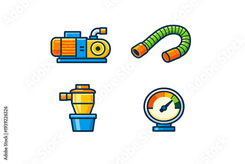 This set of four flat vector icons depicts industrial equipment such as a motor pump, a corrugated hose, a filter unit, and a pressure gauge against a solid black background.