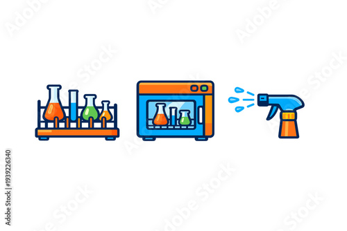 A set of three laboratory icons featuring a rack of colorful flasks and test tubes, a blue scientific incubator with glassware inside, and a blue and orange spray bottle in action.
