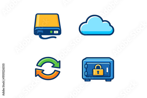 A set of four colorful icons representing data storage and security concepts, including an external hard drive, a cloud, synchronization arrows, and a locked safe on a black background.