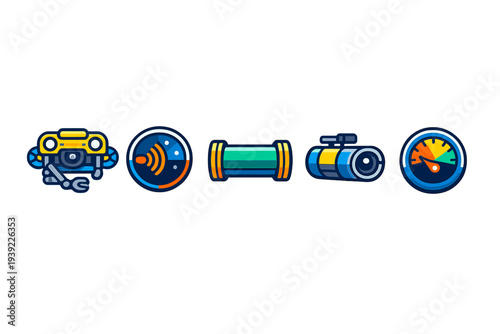A set of five stylized icons representing underwater technology, including a remotely operated vehicle, sonar, a pipeline section, a camera, and a pressure gauge on a black background.