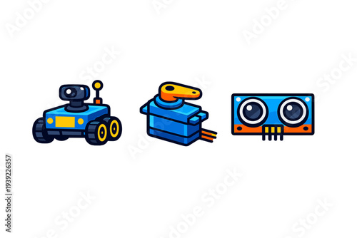 Three stylized electronic components for robotics including a blue rover with wheels, a servo motor with an orange arm, and an ultrasonic sensor module on a solid black background.