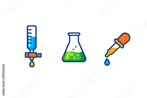 A collection of stylized science icons featuring a burette, a bubbling green Erlenmeyer flask, and a liquid dropper, presented in a vibrant flat design on a black backdrop.