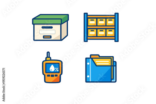 A set of four flat vector icons representing storage and environmental monitoring, including a storage box, shelving unit, moisture meter, and a document folder on a black background.