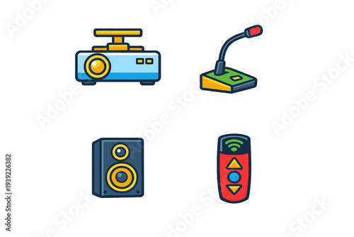 A collection of four colorful multimedia icons featuring a projector, a gooseneck microphone, a speaker, and a remote control, all presented in a flat graphic style on a black background.