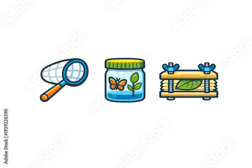 A set of three flat design icons featuring a blue butterfly net, a glass specimen jar with a butterfly, and a wooden plant press with a green leaf inside on a black background.