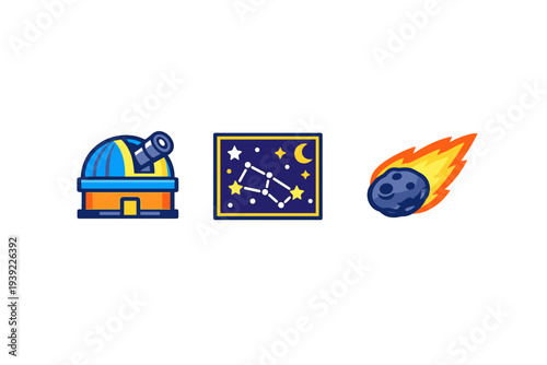 A set of three colorful flat icons representing astronomy themes including an observatory building, a constellation map with stars, and a flaming meteor against a black background.