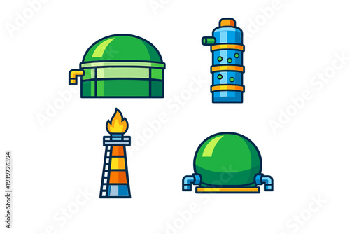 This set of four flat vector icons depicts industrial energy equipment including a green storage tank, a blue distillation tower, a burning flare stack, and a spherical gas holder.