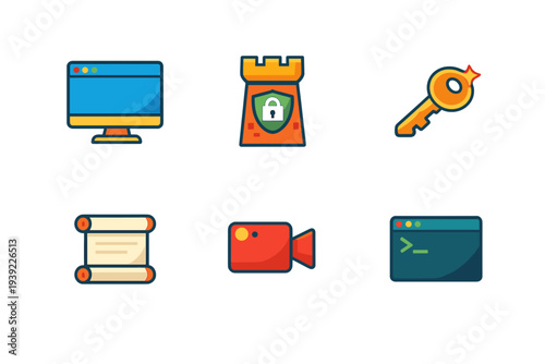A collection of six colorful flat icons including a computer monitor, a fortified tower with a padlock shield, a key, a scroll, a video camera, and a command terminal window.