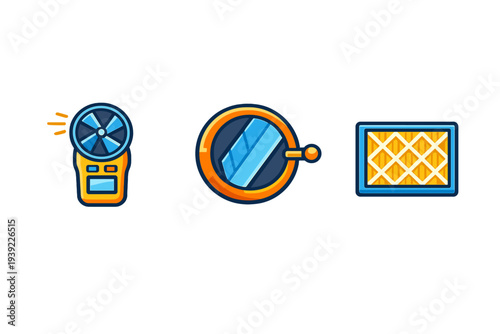 A set of three colorful flat icons featuring a digital wind speed meter, a circular pressure gauge, and a rectangular air filter, all isolated on a dark black background.