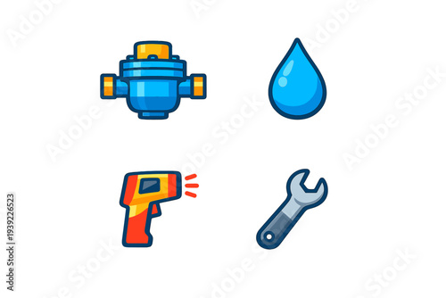A set of four colorful plumbing and maintenance icons including a water meter, a blue water drop, an infrared thermometer, and a metal wrench isolated on a black background.
