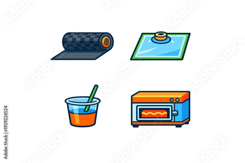 A collection of four colorful vector icons featuring a roll of checkered material, a vacuum seal bag, a cup with a straw, and a small electric oven on a black background.