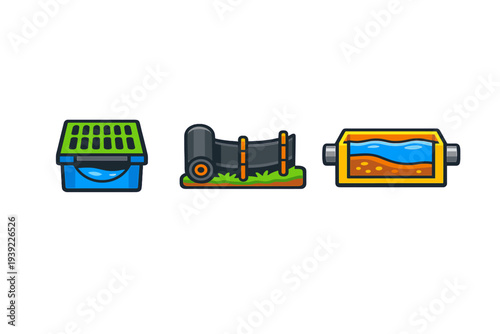 Three colorful icons representing water drainage systems and filtration components, including a catch basin, a roll of geotextile fabric, and a sediment trap tank on a black background.