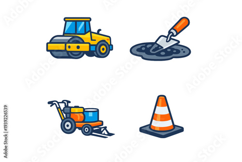 A set of four road construction icons featuring a yellow steamroller, a trowel with wet cement, a walk-behind concrete cutter, and an orange traffic cone on a black background.
