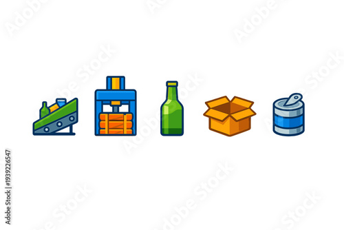 A collection of five vibrant vector icons illustrating waste management and recycling, featuring a sorting conveyor, a trash compactor, a glass bottle, a box, and a tin can.