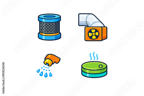 Four flat vector icons depicting household appliances such as a cylindrical air filter, an orange ventilation unit, a water nozzle, and a green humidifier on a black background.